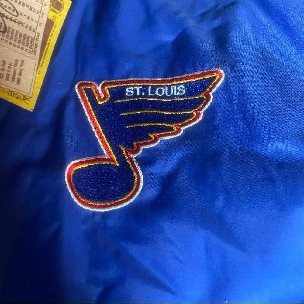 Vintagee St Louis Blues Puffer Jacket Mens Large Blue Gold Logo 7 NWT 90s Coat